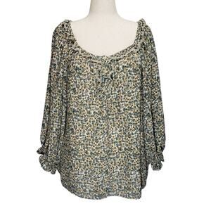 Max Studio Floral Ruffle Blouse | Plus 2X | Blue Green Semi‑Sheer Top